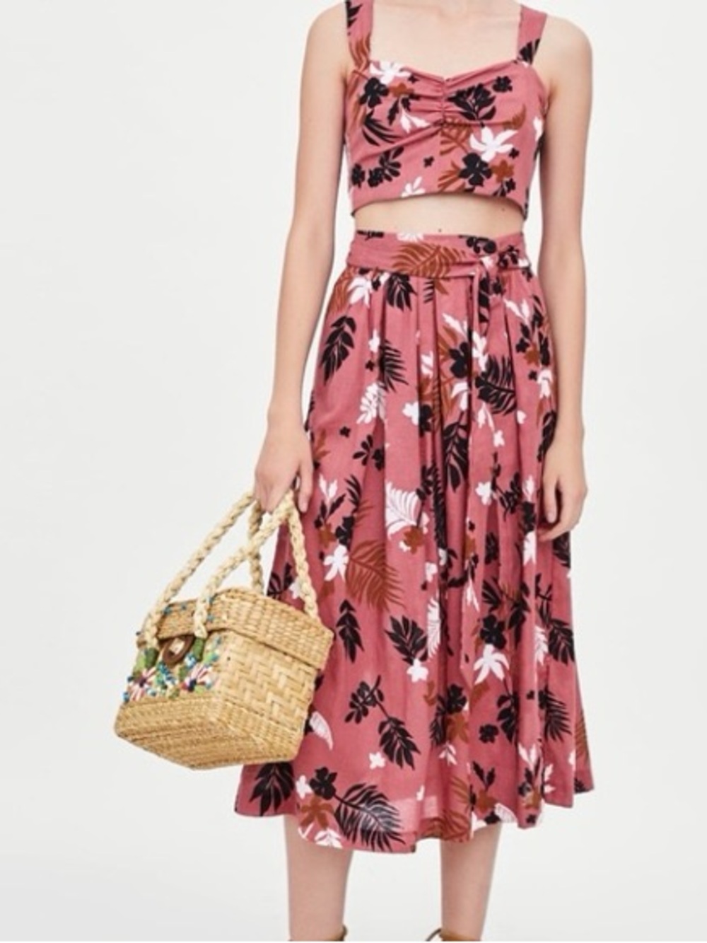 Zara Viral Floral Midi Skirt in Dusty Rose